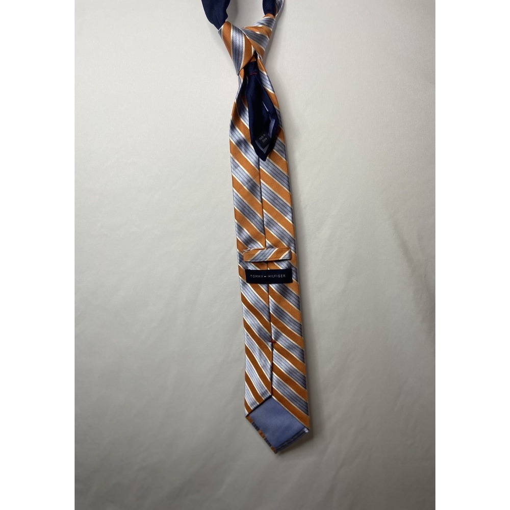 Tommy Hilfiger‎ Mens Tie Orange Blue Striped 100% Silk Neck Tie Necktie - Picture 4 of 13
